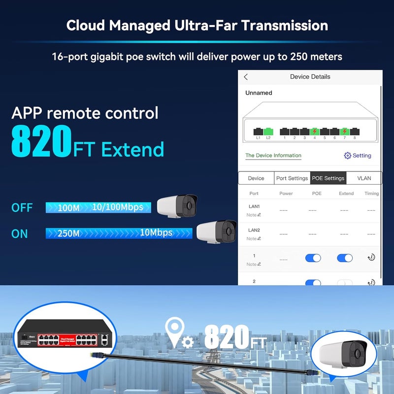 STEAMEMO 16 Port Gigabit PoE Switch, Smart Managed Gigabit Ethernet Switch, 16 PoE+ Ports@240W, Plug and Play, Vlan, Fanless, Desktop or Rackmount, Overload Protection w/ Port - Image 4